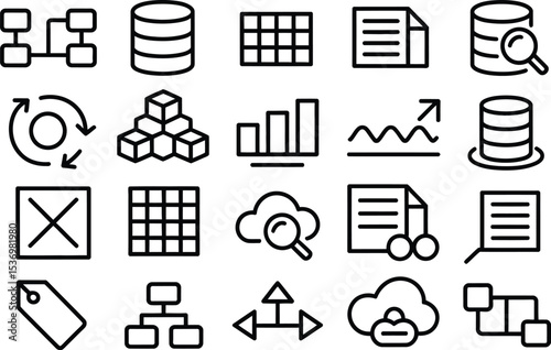Vector icons of structured and unstructured data, access control, sync process, and real-time processing

