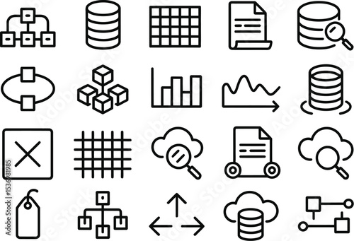 Line style icons of data systems and processing including pipeline, database, data sync, stream analytics

