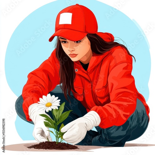 Woman in Red Jacket Planting a White Flower