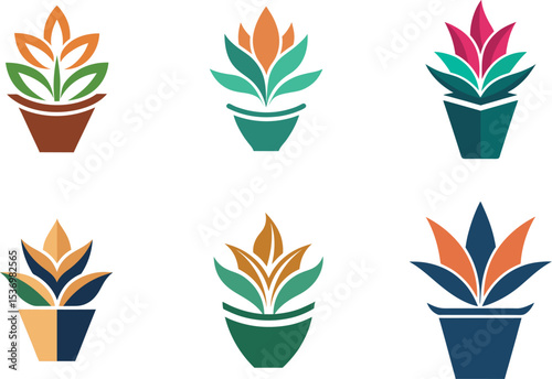 Stylish potted plant logo designs ideal for branding gardening businesses or nature-themed projects offering diverse color options and scalable designs