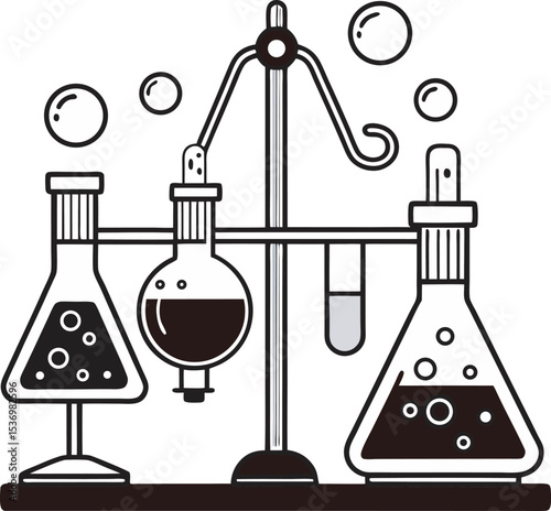 A collection of stylized laboratory and scientific equipment icons, featuring beakers, test tubes, microscopes, and other lab tools, designed with a modern and clean aesthetic