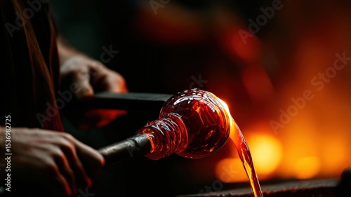 Molten glass being shaped by a glassblower, glowing red and orange, capturing the moment of creation.