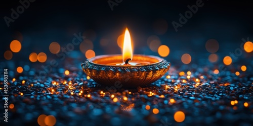 Burning Oil Lamp with Golden Light on Dark Background
