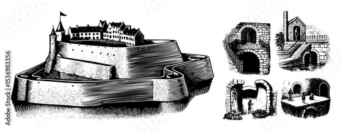 Vector Detailed illustrations depict a fortified and architectural ruins.