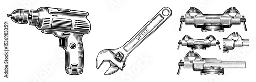 Vector Vintage workshop tools including a drill wrench and vise are presented as detailed illustrations.