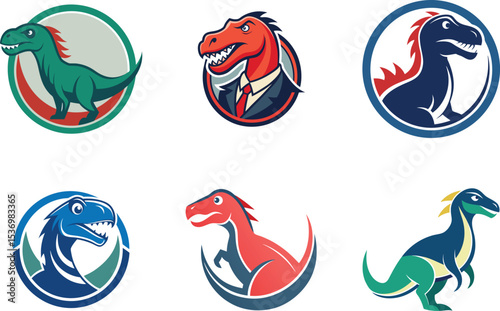 Six unique dinosaur logos perfect for branding projects needing a prehistoric mascot design with vibrant colors and scalable graphics