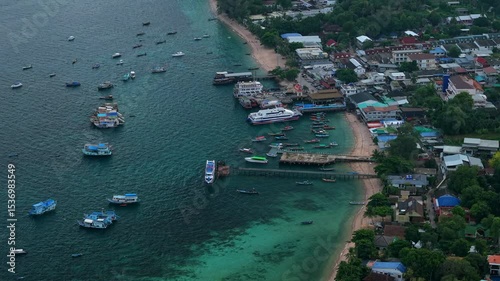 Aerial view of the pier in the rainy morning, Koh Tao