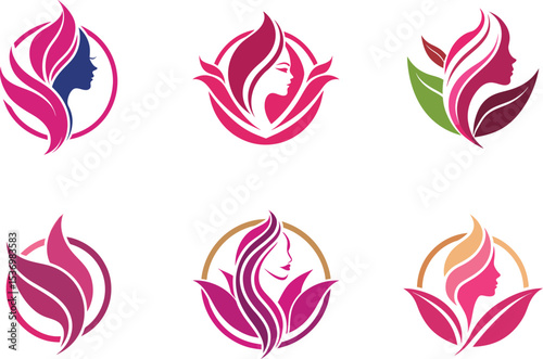 Elegant Woman Profile Logo Design featuring Floral Elements ideal for Beauty Brands and Salons