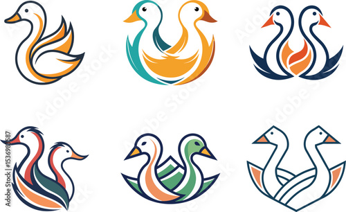Elegant Swan and Duck Logo Designs perfect for branding, business cards, and website icons featuring stylized birds in various poses and color palettes.