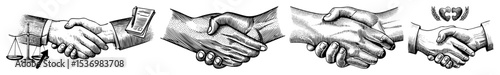 Vector Engraved handshakes illustrate legal agreements and modern communication.