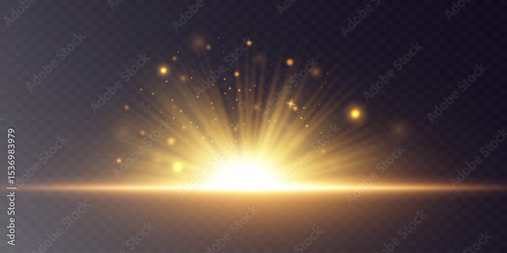 Golden glow of sun rays, special effect of flash with rays of light.Vector.EPS 10.