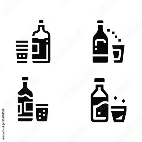 Four Black and White Alcohol and Drinking Glass Icons. Four simple black and white icons depicting alcohol bottles and glasses.