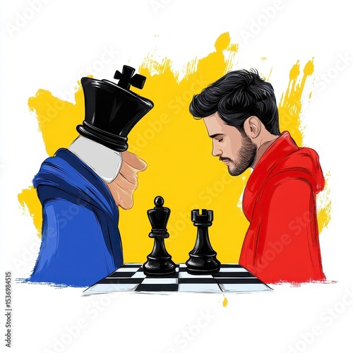 Young Man and Older Figure in Intense Chess Match, Digital Painting Illustration
