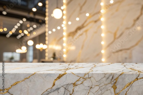 A large white wall with gold streaks and a large white vase on a table