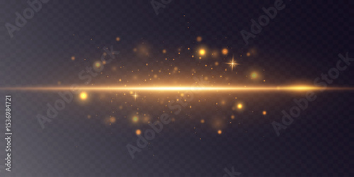 Bright flash of golden light. Horizontal lines of light. Light flash of sparks and magic dust. Vector.