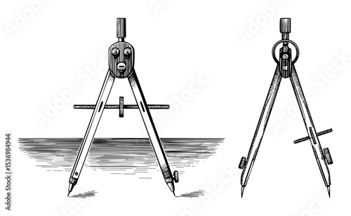 Vector Detailed illustrations of two drafting compasses showcase precision tools.