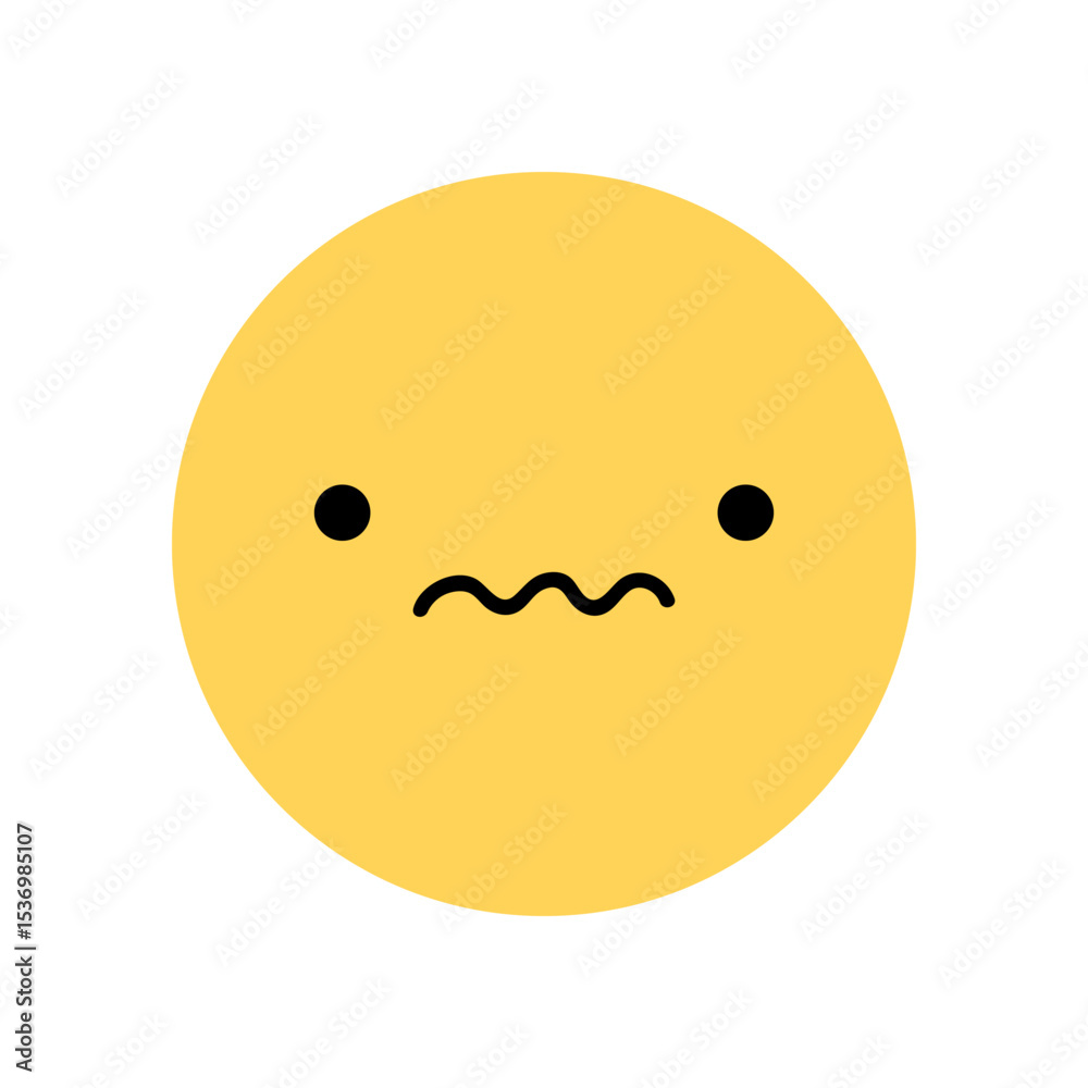 Fototapeta premium A cute yellow smile icon with an annoyed facial expression. Character with displeased mood isolated on a white background. Vector flat illustration. Perfect for social media, stickers.