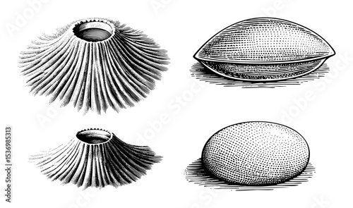 Vector Four detailed illustrations of spiral and spherical shells showcase intricate textures.