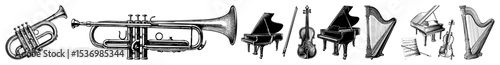 Vector Vintage musical instruments collection including brass string and keyboard instruments.