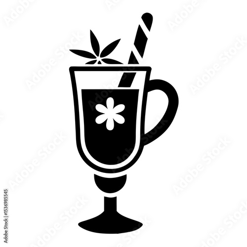 Warm spiced wine in glass mug with cinnamon stick and star anise. Festive mulled wine drink perfect for winter holidays.  Mulled wine icon for seasonal menus and festive advertisements.