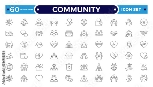 Community Outline icon set. Containing people, friendship, social, diversity, village, relationships, support and community development icons. People, social, group. Editable stroke outline icon.
