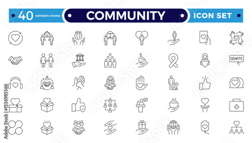Community Outline icon set. Containing people, friendship, social, diversity, village, relationships, support and community development icons. People, social, group. Editable stroke outline icon.
