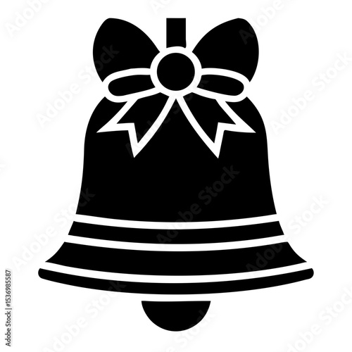 Silver bell with bow, decorative element for Christmas cards and festive invitations. Elegant silver bell icon with ribbon for winter holidays design.
