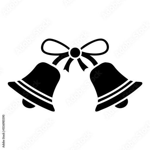 Simple sleigh bells icon with ribbon bow. Elegant Christmas bells tied together with a decorative ribbon. Classic jingle bells design perfect for holiday cards, winter themed announcements.