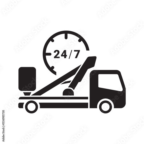 Cherry Picker Truck Icon — Aerial Work Platform Silhouette and 24-7 service symbol.