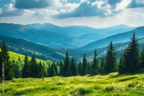 Fototapeta Naklejka Na Ścianę i Meble -  Carpathian Mountains Meadow with Evergreen Trees and Blue Mountains Under Cloudy Sky Landscape View