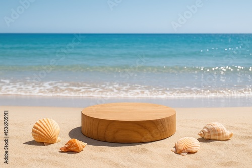 Wooden display stand on sandy beach seashells summer