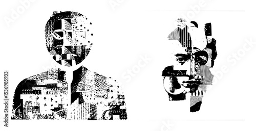 Vector Abstract portrait duo featuring geometric shapes and halftone .
