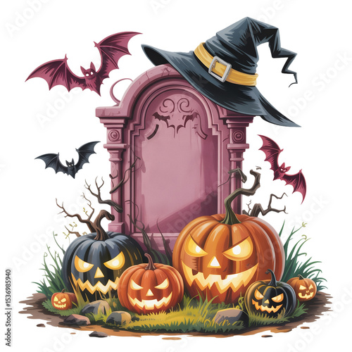 Jack-o'-lanterns with sinister expressions surround a tombstone, while bats flit around in the background