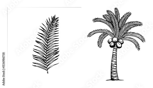 Vector Detailed illustrations of a palm frond and a coconut palm tree.