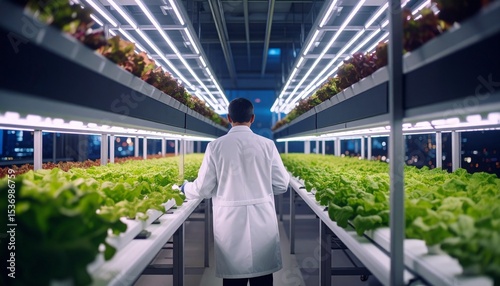Scientist Monitors Rows Of Produce In Vertical Farm