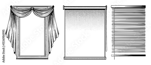 Vector Three distinct window coverings showcase varied styles and textures.