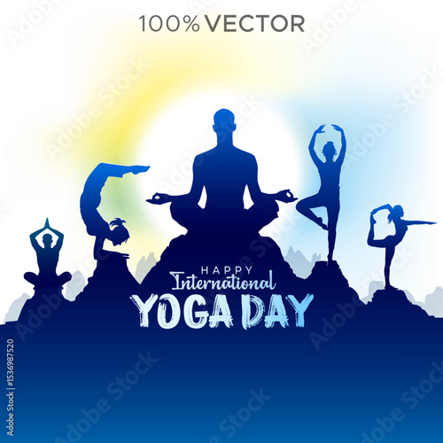 Happy International Yoga Day. Group of people practicing yoga background. Silhouette Vector illustration of Yoga body posture.