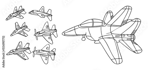 Vector Futuristic fighter jet illustrations in various perspectives.