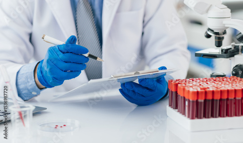 Scientist analyzing blood test results in a laboratory. Scientist in a lab carefully examines blood test results, focusing on precision and attention to detail in medical analysis.