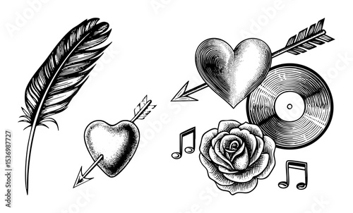 Vector Romantic vector arrangement featuring hearts a rose feather and vinyl record.