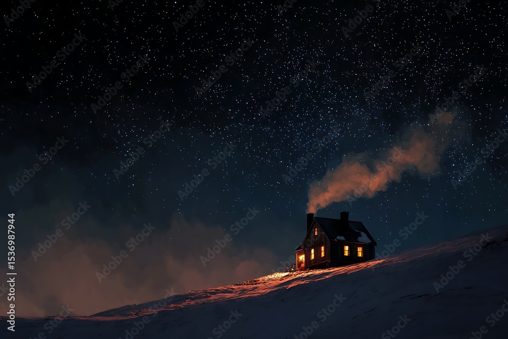 Cozy Cabin Glows Under Starry Sky Winter Landscape with Smoke and Warm Light Cozy Cabin Glows Under Starry Sky Winter Landscape with Smoke and Warm Light
