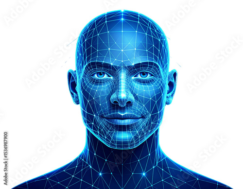 AI Face Mapping with Glowing Network Mesh and Deep Blue Background