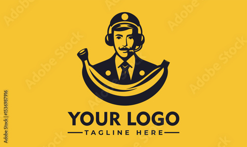 Cheerful cartoon banana character with a happy face wearing a headset, emerging from a peeled banana. Communication and fun concept