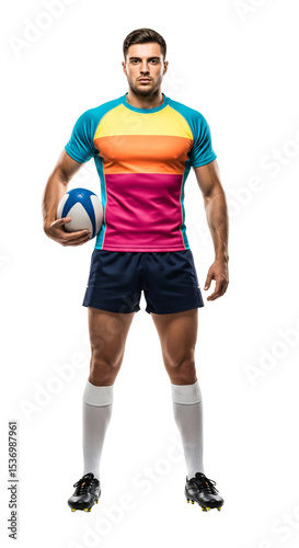 Dynamic Rugby Player in Vibrant Sportswear Holding a Rugby Ball Ready for Action