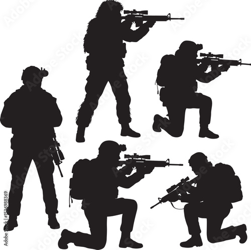 Military Army Soldier Silhouettes with Weapons and Sniper Gear  