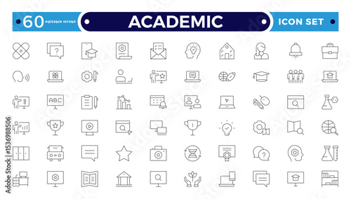 Academic Outline icons of education, studying and science. Includes human brain, fields of study, graduation, school, university and knowledge. Designed for web, mobile. Editable stroke outline icon.