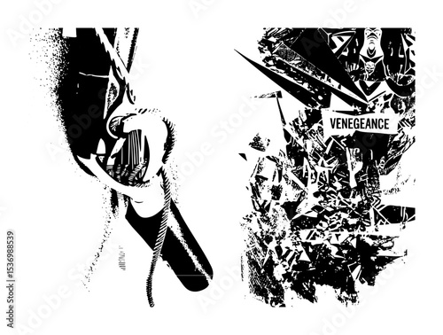 Vector Vengeance concept with a determined figure and shattered fragments.