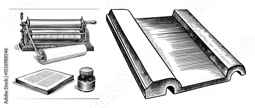 Vector Vintage printing press tray and inkwell .