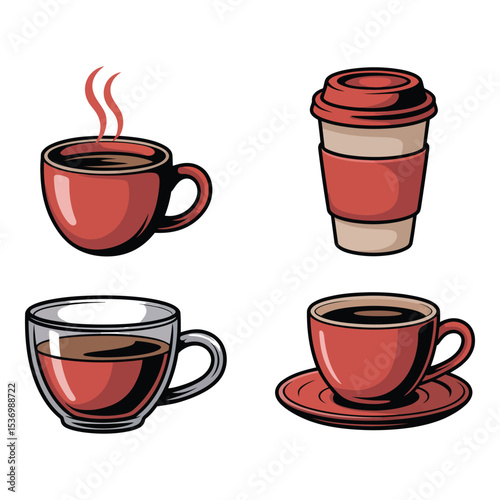Four different coffee cups and mugs on a gray background