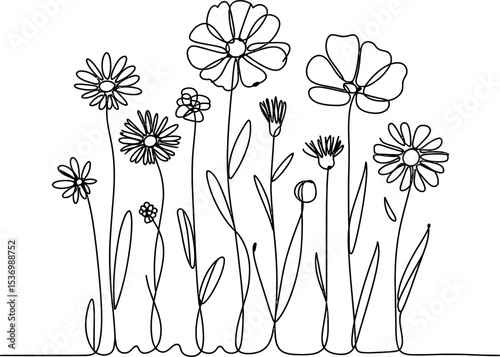 single one line wildflowers silhouette on white background